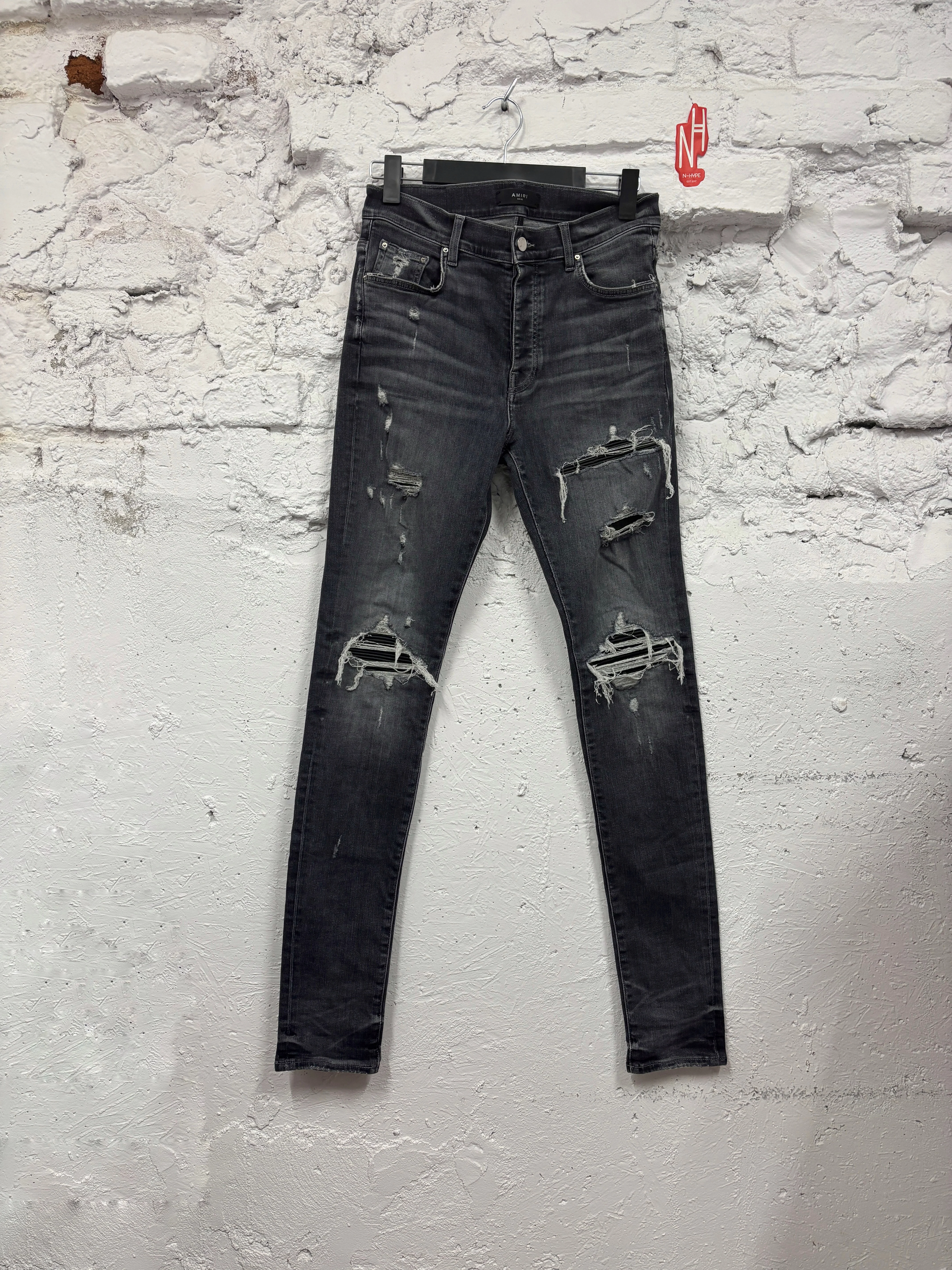 Amiri MX1 Distressed Denim Skinny Jeans Grey