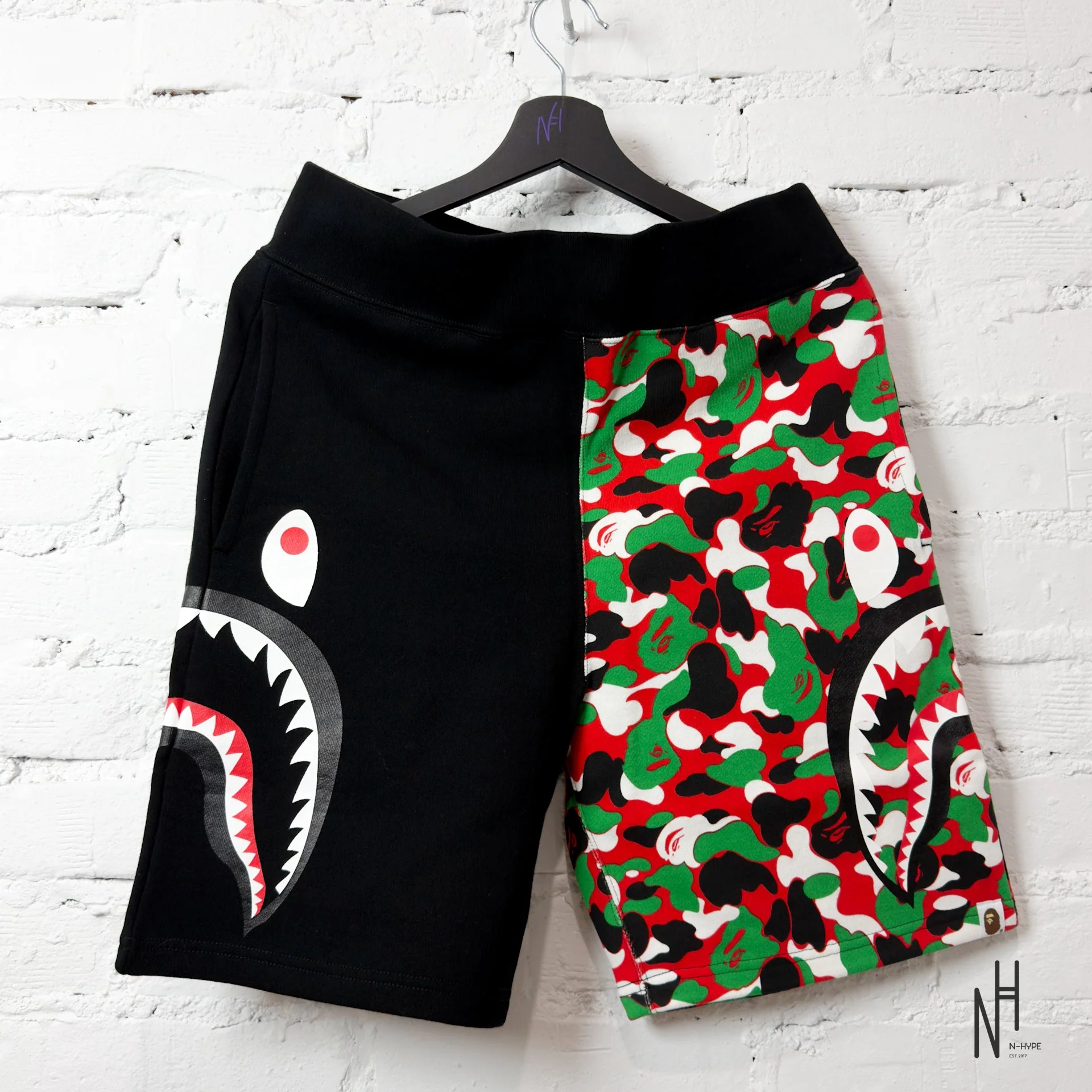BAPE ABC Camo Side Shark Sweat Shorts Red Multicolor / Black