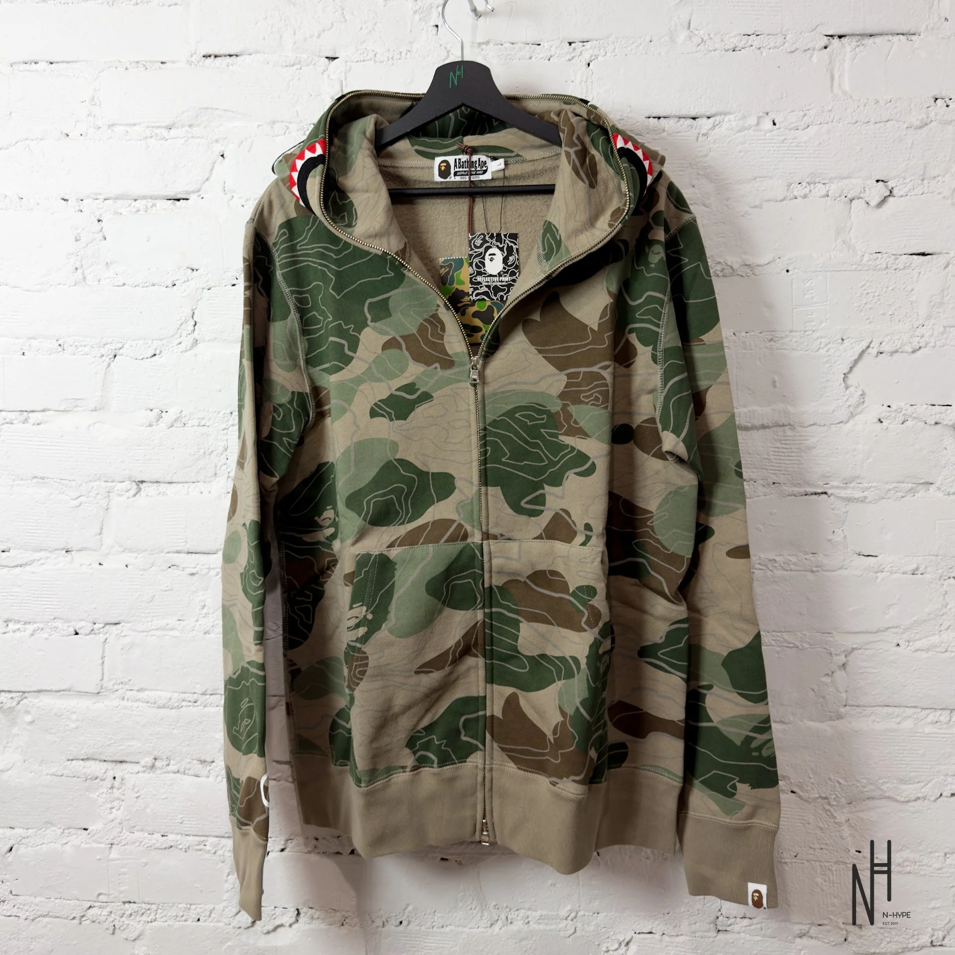 BAPE Layered Line Camo Shark Full Zip Hoodie Beige