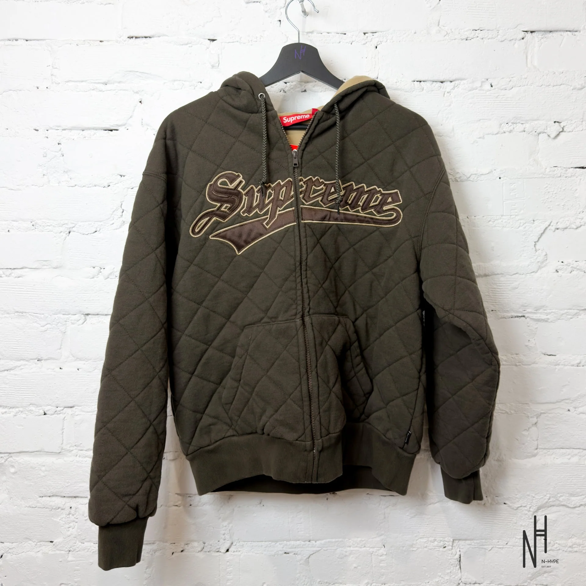Supreme Quilted Zip Up Hooded Sweatshirt / Dark Brown